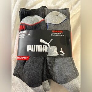 Men's puma crew socks. Size 10 to 13. New. White and gray. Sport style. 6 pairs